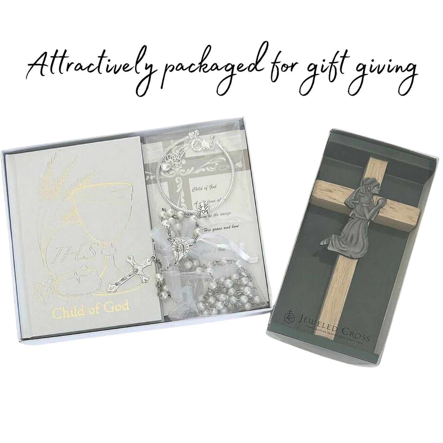 Girls First Communion Gift Set with Prayer Book, Rosary, Angel Bracelet, Cross, Card and Optional Satin Purse