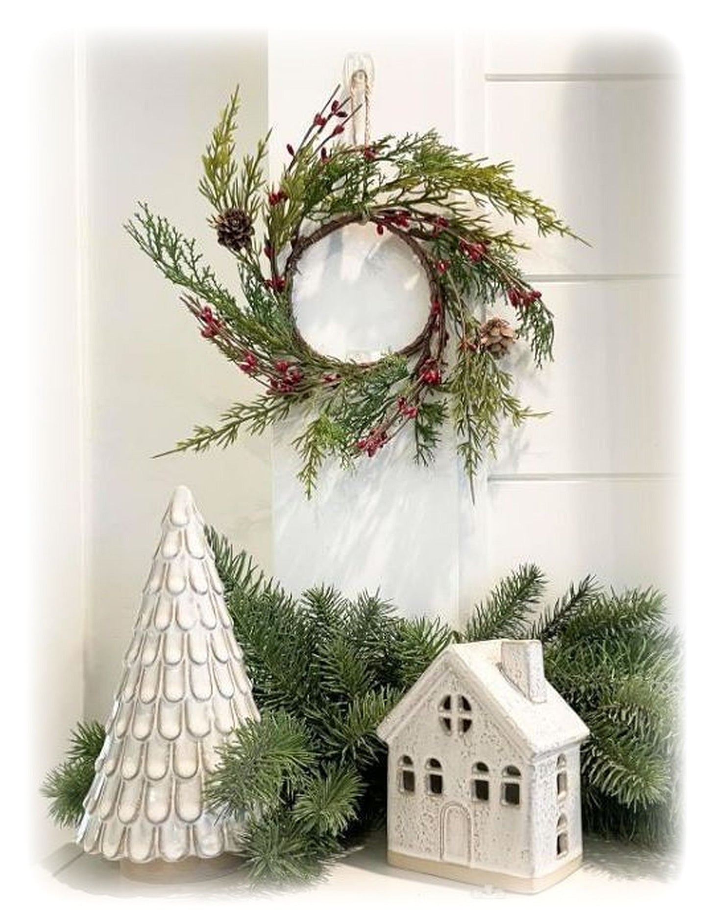 Cedar Christmas Wreath with Red Pip Berries for Cupboard Doors, Windows, Centerpieces, Statues, Lanterns, Nativity, Candles