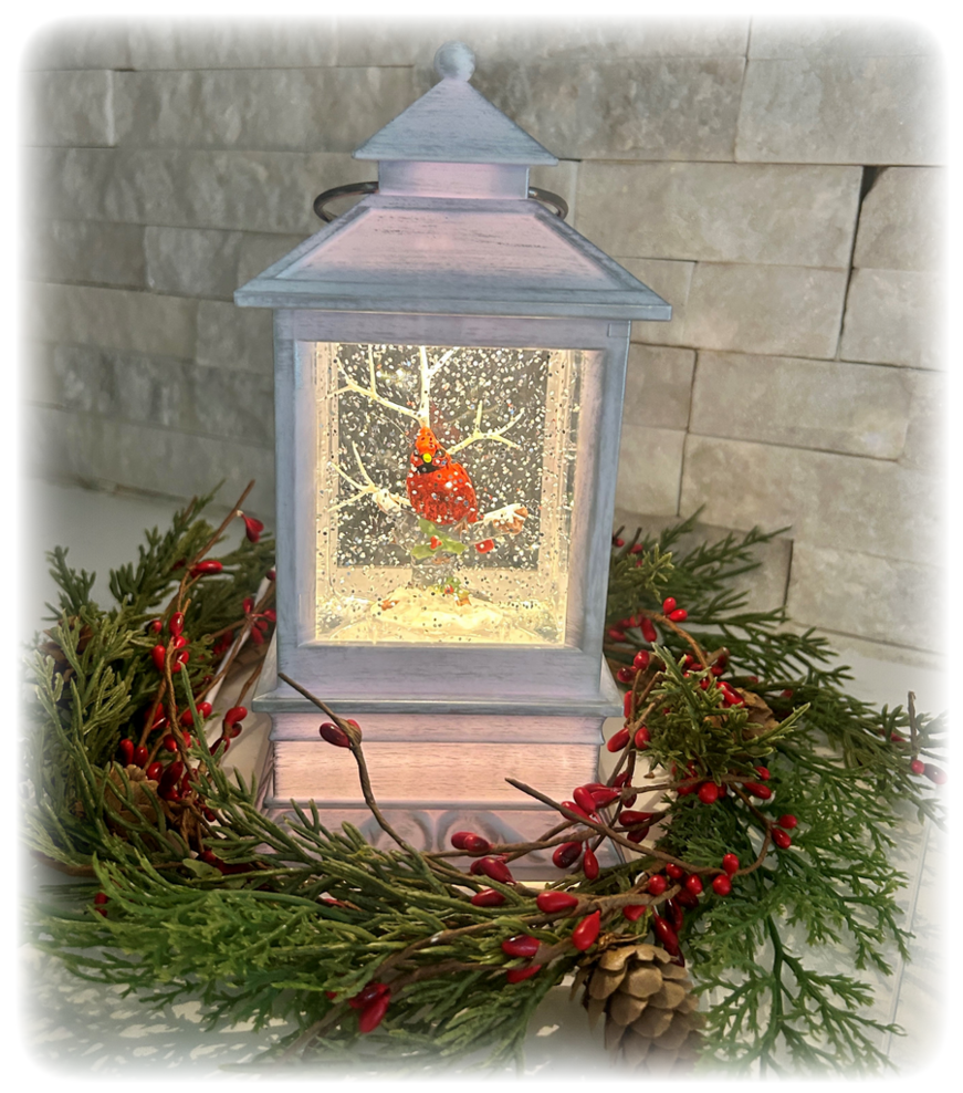 Vintage Christmas Glitter Lantern and Wreath, Water Globe with Cardinal Bird