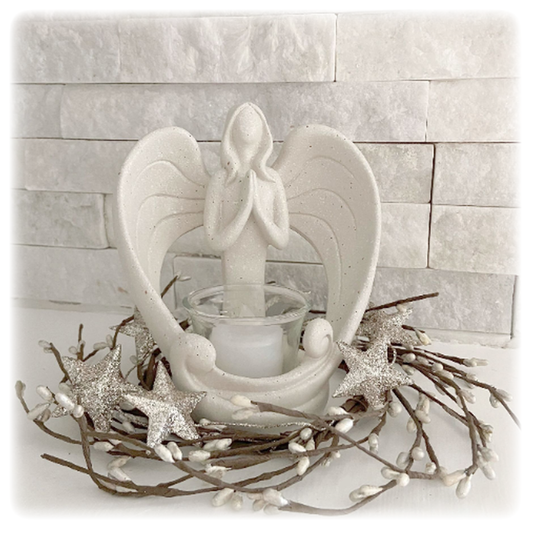 Christmas Angel Candleholder Statue with LED Tealight and Star Glitter Wreath