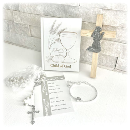 Girls First Communion Gift Set with Prayer Book, Rosary, Angel Bracelet, Cross, Card and Optional Satin Purse