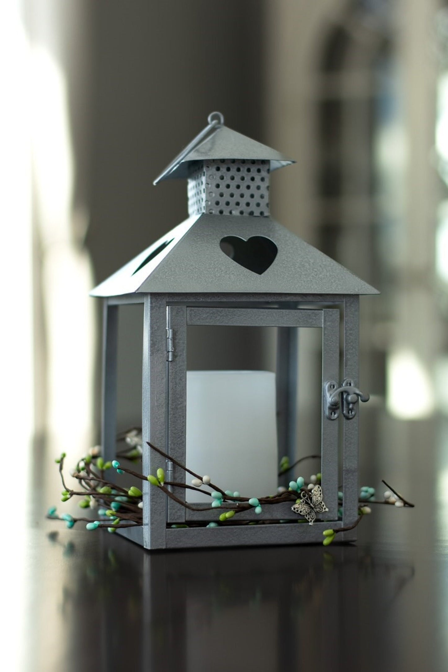 Memorial Lantern Vintage Style Sympathy Gift with Butterfly Wreath and LED Candle