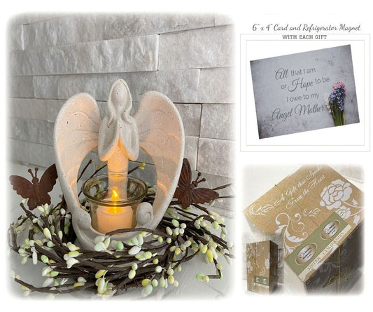 Angel Candleholder Statue for Mother's Day, "Angel Mother" Card and Refrigerator Magnet, Gift Boxed