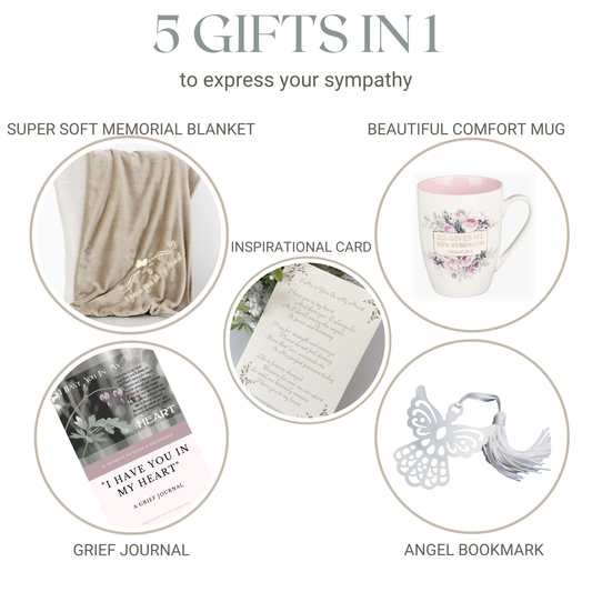 Memorial Blanket Sympathy Gift Set with Grief Journal, Angel Bookmark, and Heart Mug