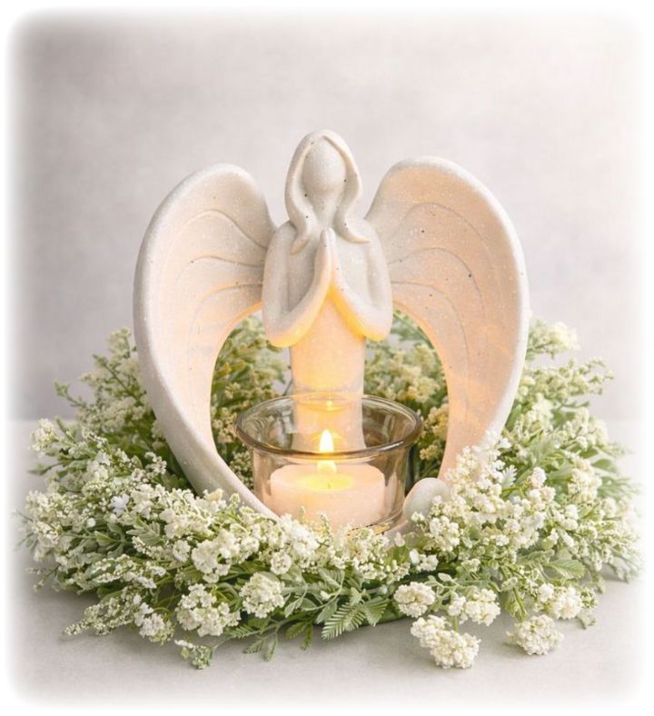 Beautiful memorial angel with a candle surrounded by a floral wreath on a light background