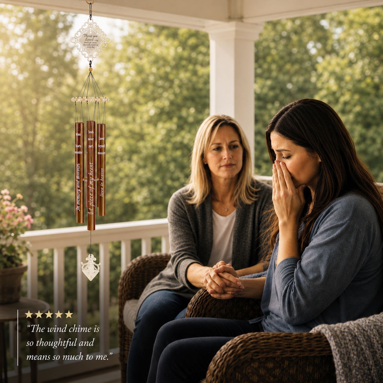 Two women sitting on a porch next to a hanging memorial wind chime. One woman appears distressed, covering her face with her hand, while the other sits beside her with a concerned expression.