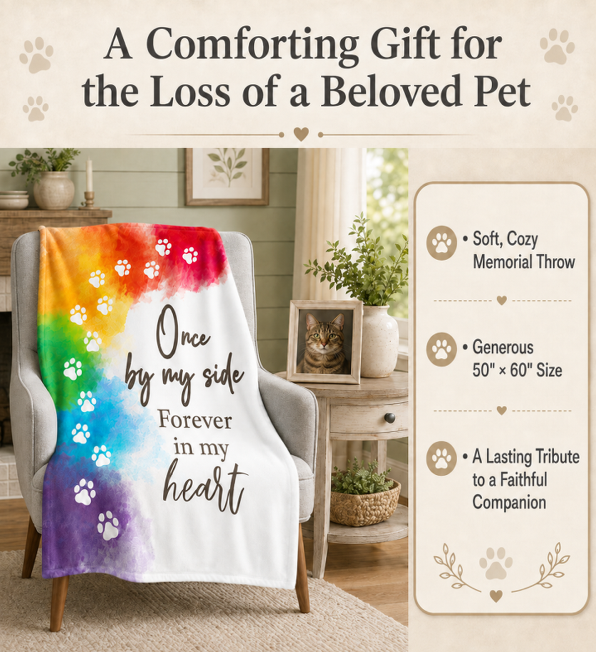 Pet Memorial Blanket – Sympathy Gift for Loss of a Beloved Pet, Dog, or Cat