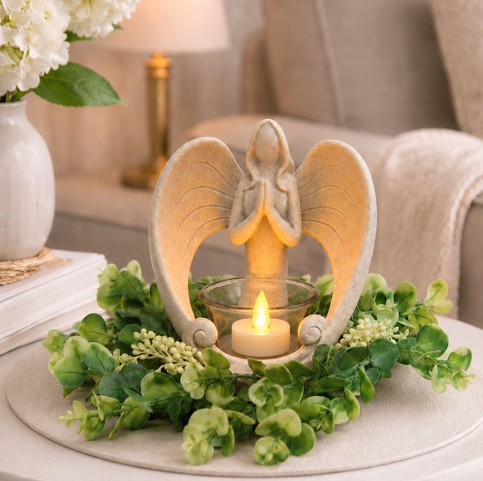 Angel Memorial Candleholder Sympathy Gift with LED Tealight Candle and Optional Wreath