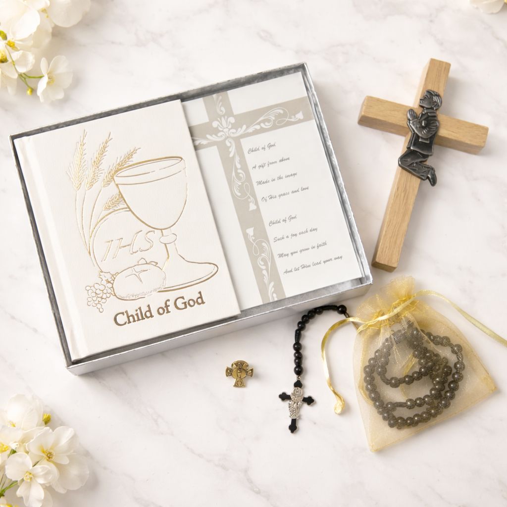 Boy's First Communion Gift , 5 Piece Boxed Gift Set Prayer Book, Rosary, Pin, Cross, Card