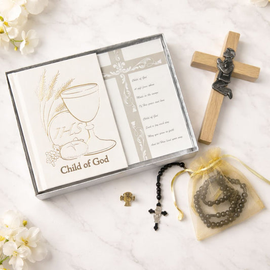 Boy's First Communion Gift , 5 Piece Boxed Gift Set Prayer Book, Rosary, Pin, Cross, Card