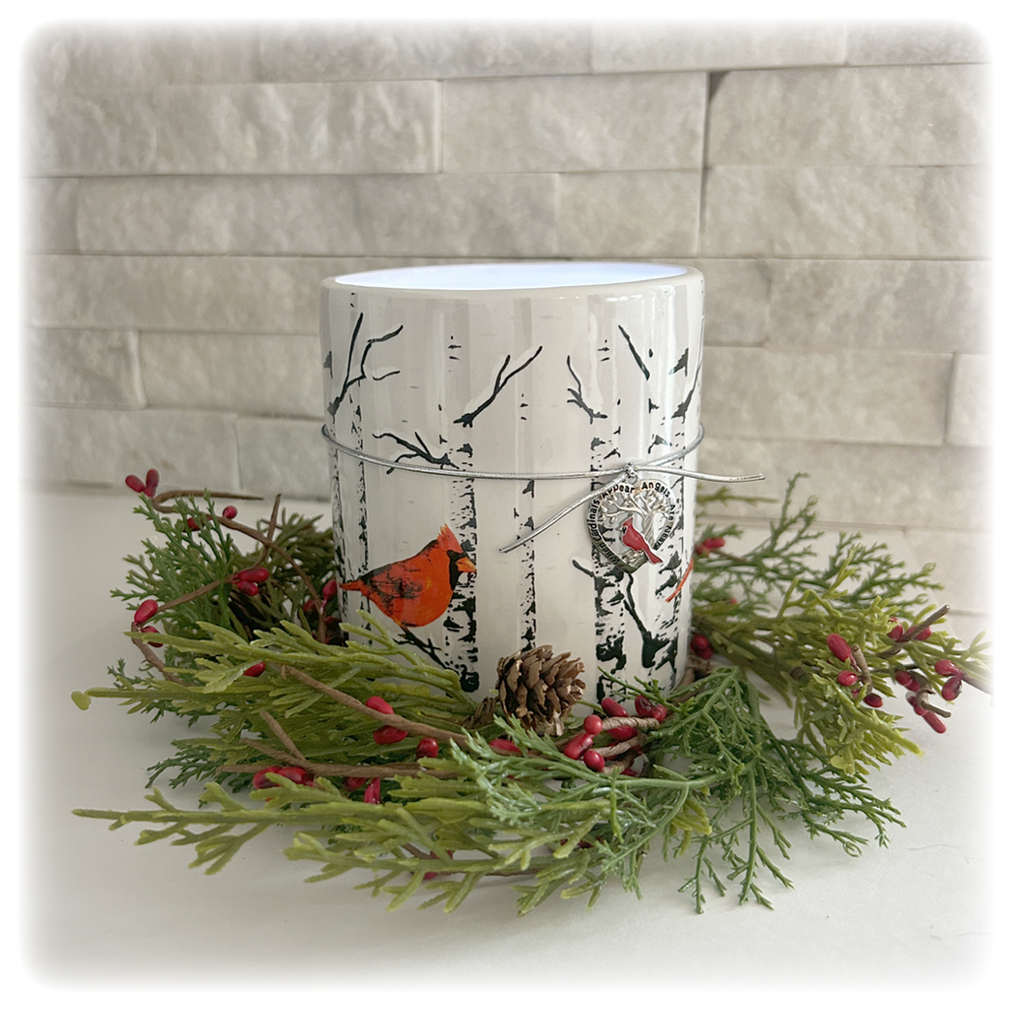 Cardinal Christmas Memorial Gift Sympathy Candleholder With LED Pillar Candle and Wreath