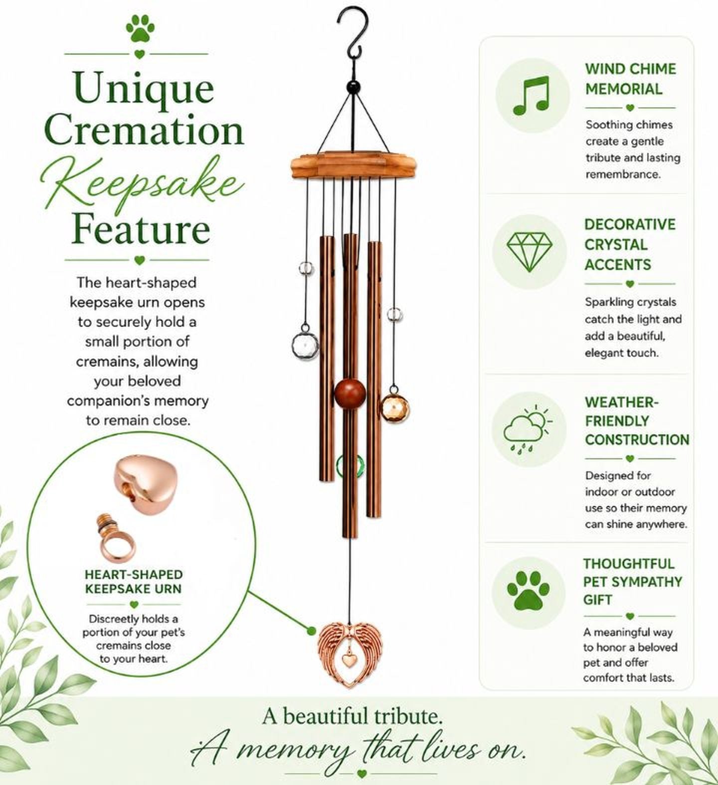 Pet Sympathy Gift Cremation Wind Chime with Small Heart Urn for Ashes