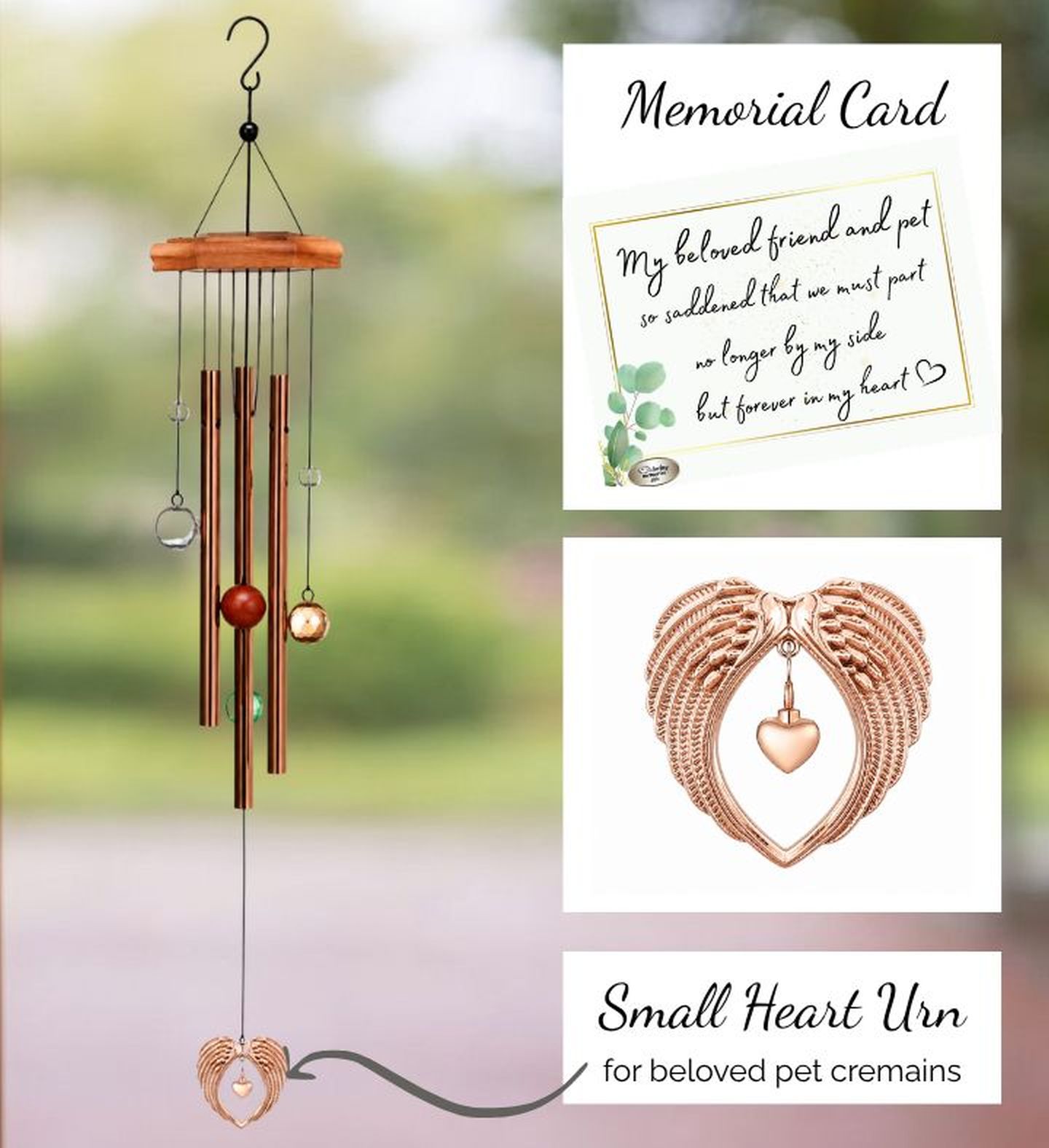 Pet Sympathy Gift Cremation Wind Chime with Small Heart Urn for Ashes