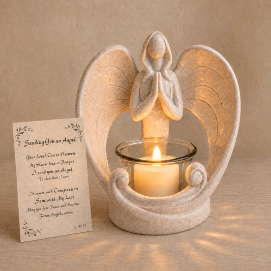 Angel Memorial Candleholder Sympathy Gift with LED Tealight Candle and Optional Wreath