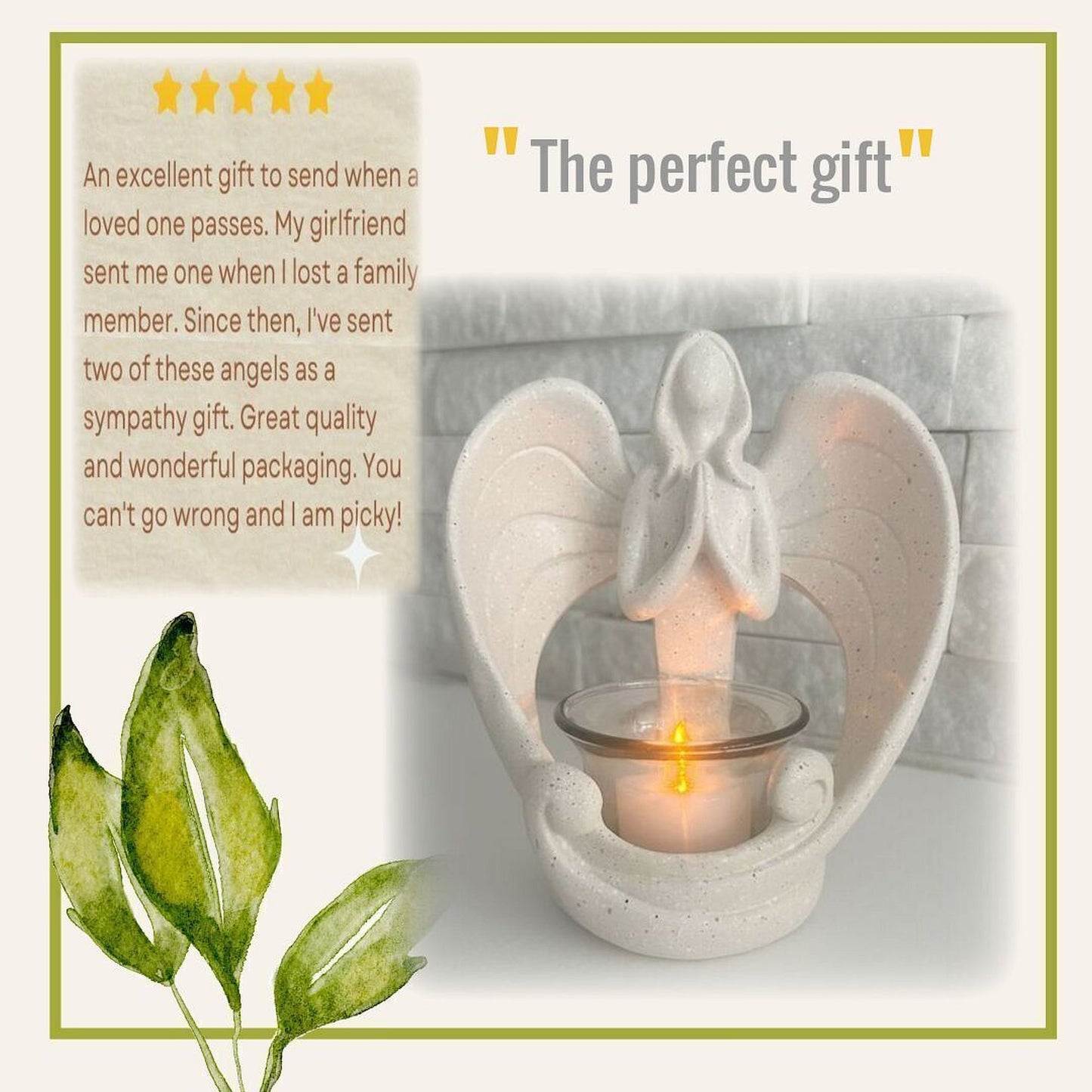 Angel Memorial Candleholder Sympathy Gift with LED Tealight Candle and Farmhouse Butterfly Wreath