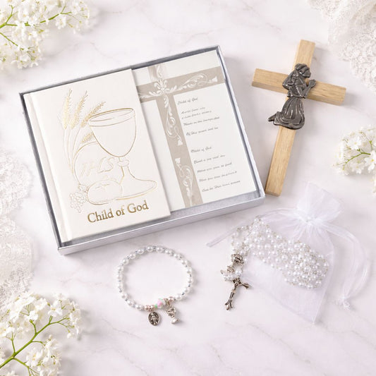 Girls First Communion Gift Set with Prayer Book, Rosary, Bracelet, Cross, Card and Optional Satin Purse