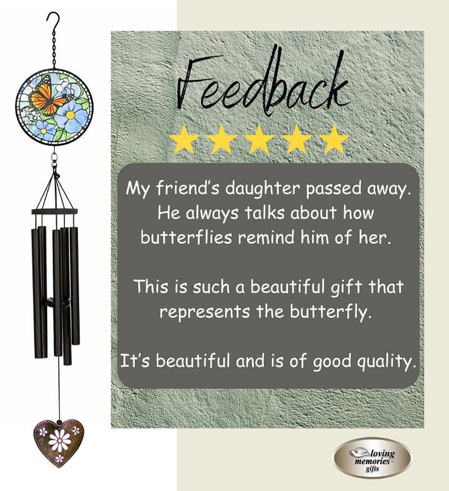Heart and Butterfly Memorial Wind Chime Sympathy Gift