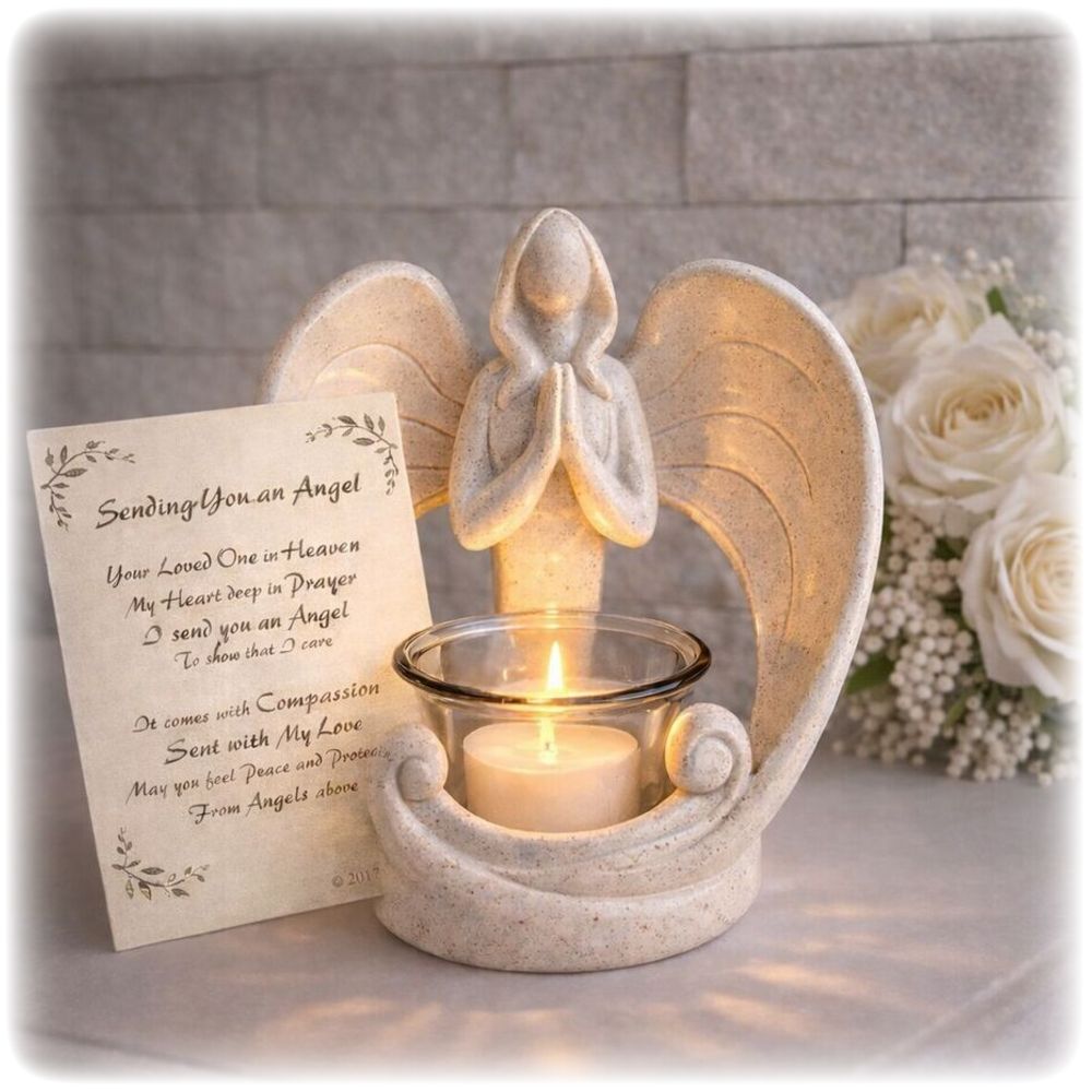Memorial angel candleholder with a lit candle inside, next to a card and white flowers.