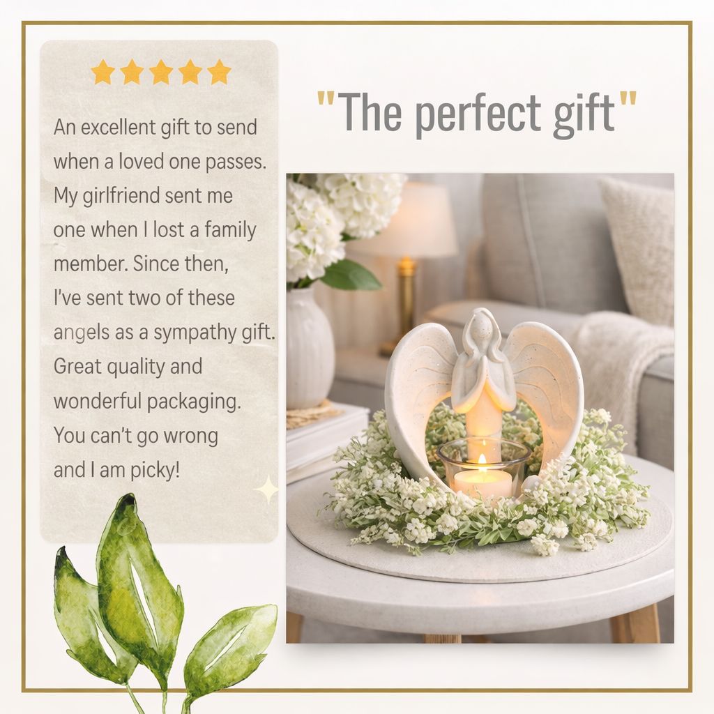 Decorative sympathy gift angel candle holder with angel wings on a table, surrounded by flowers, with text praising its quality and use as a gift.