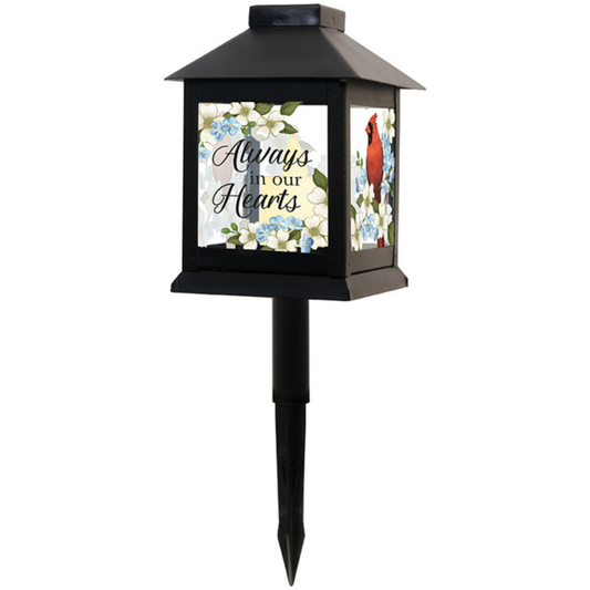 Memorial Garden light with cardinal and floral design and Always in Our Hearts Text