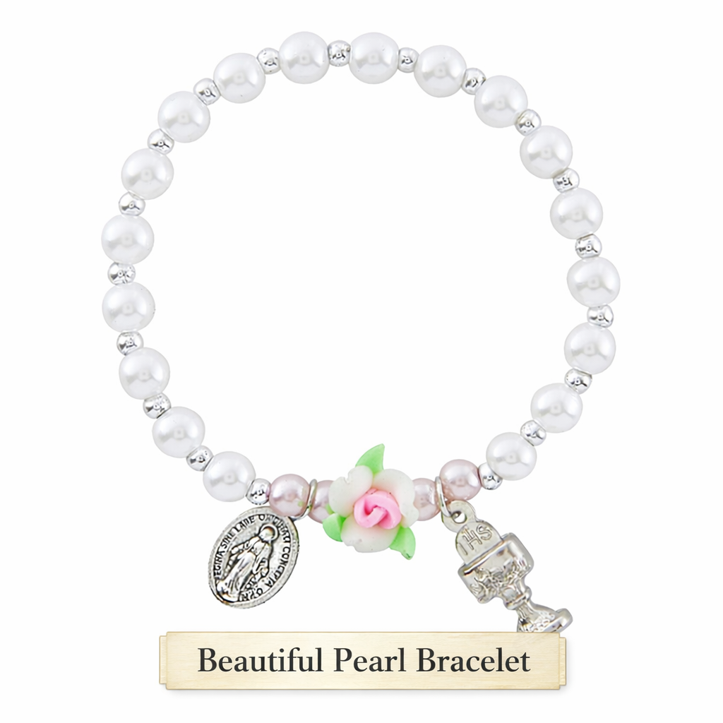 Girls First Communion Gift Set with Prayer Book, Rosary, Bracelet, Cross, Card and Optional Satin Purse