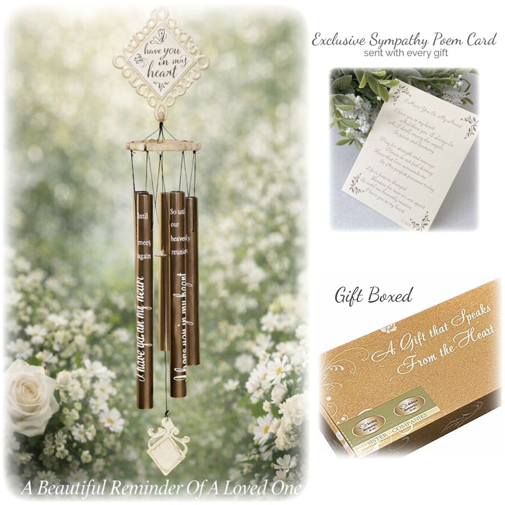 Vintage memorial wind chime sympathy gift with champagne metal tubes and ornate white accents, engraved with “I Have You In My Heart”