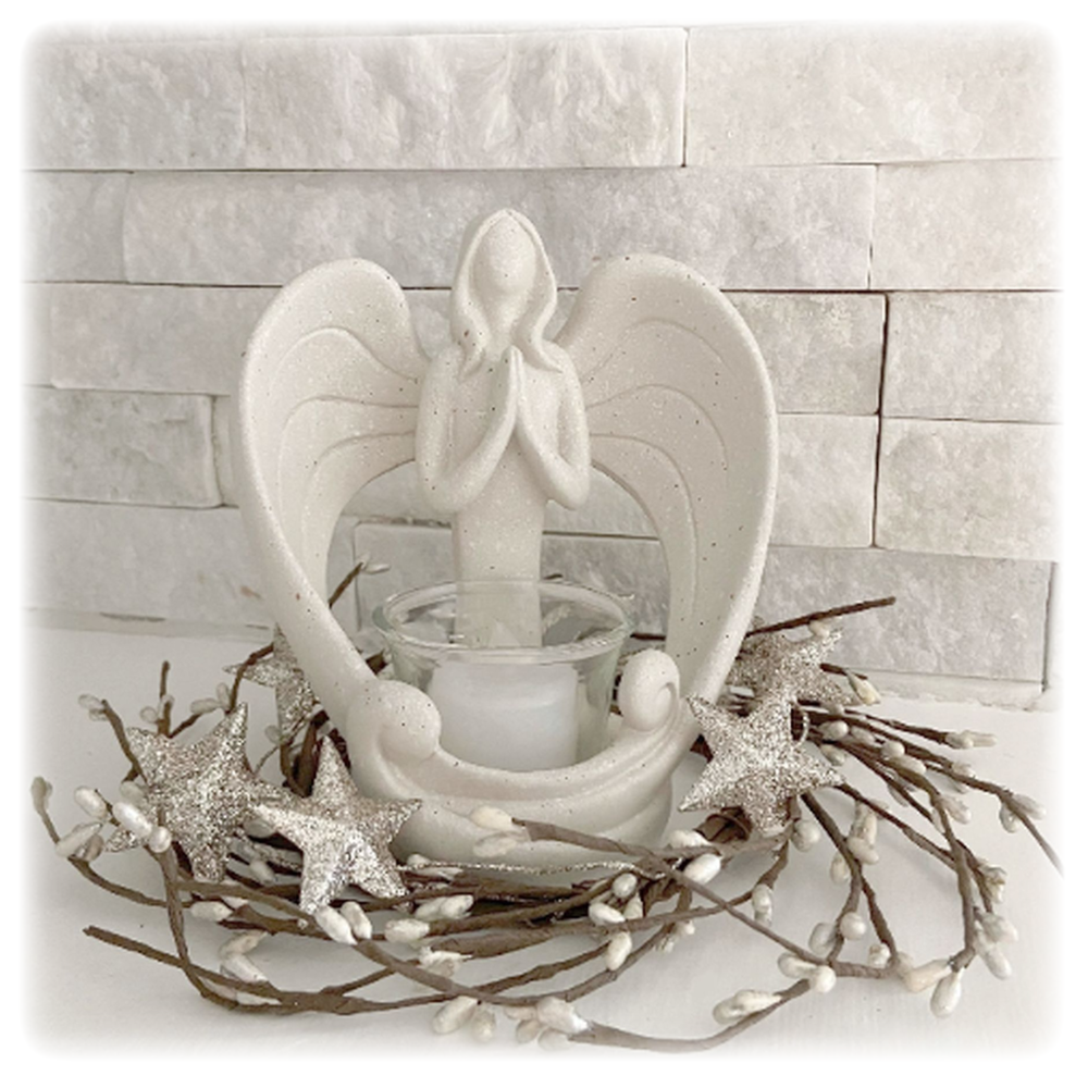 Christmas Angel Candleholder Statue with LED Tealight and Star Glitter Wreath