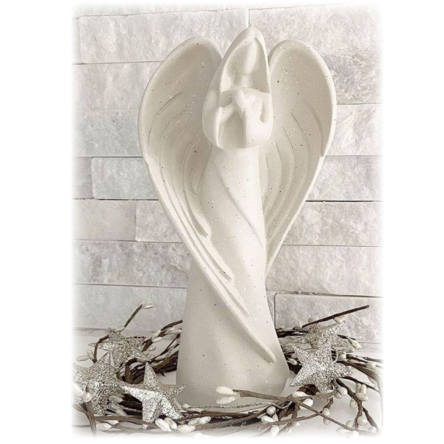 Christmas Angel Statue, Unique Holiday Gift, Decoration with Star Glitter Wreath