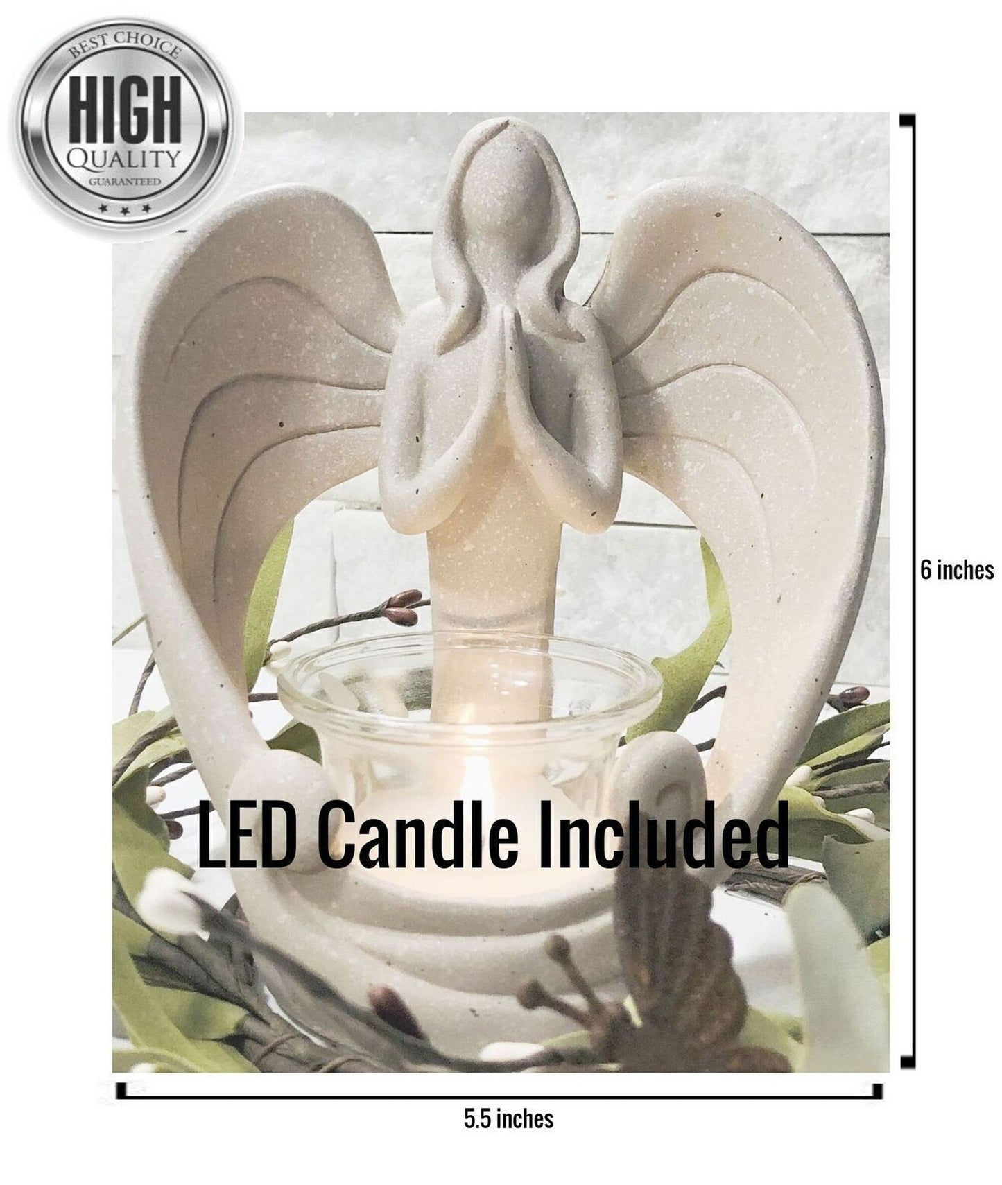 Angel Memorial Candleholder Sympathy Gift with LED Tealight Candle and Farmhouse Butterfly Wreath