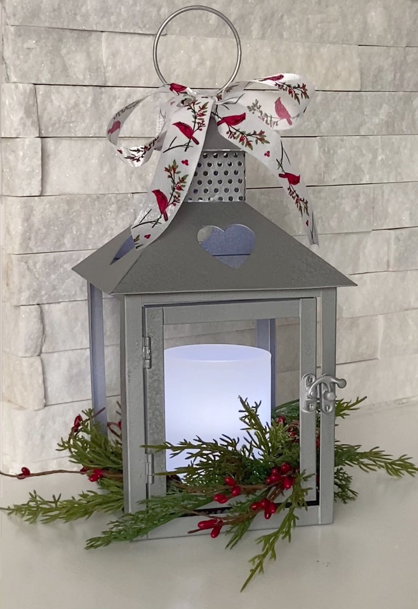 Cardinal Christmas Sympathy Gift Memorial Lantern with Wreath and LED Candle