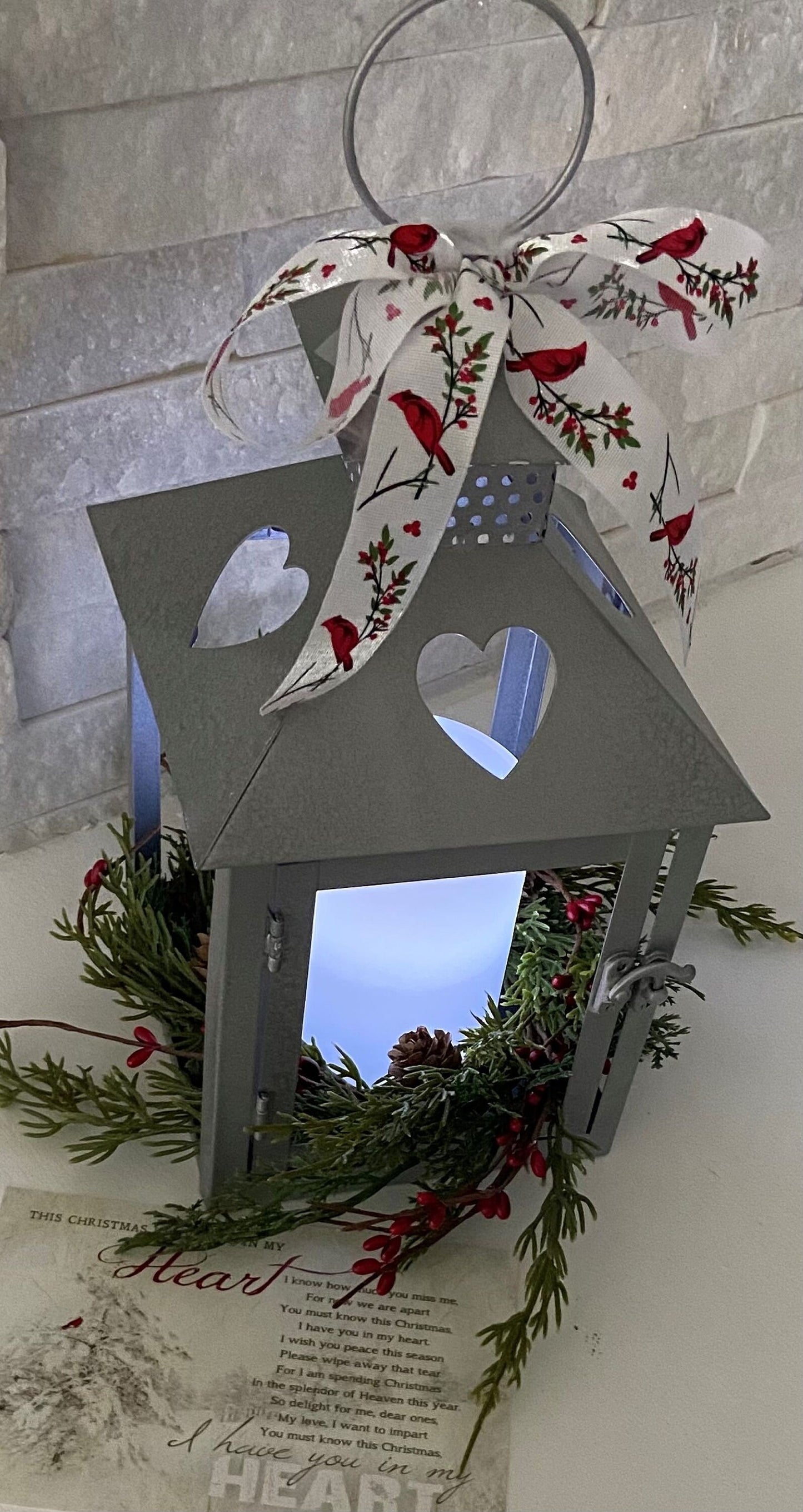 Cardinal Christmas Sympathy Gift Memorial Lantern with Wreath and LED Candle