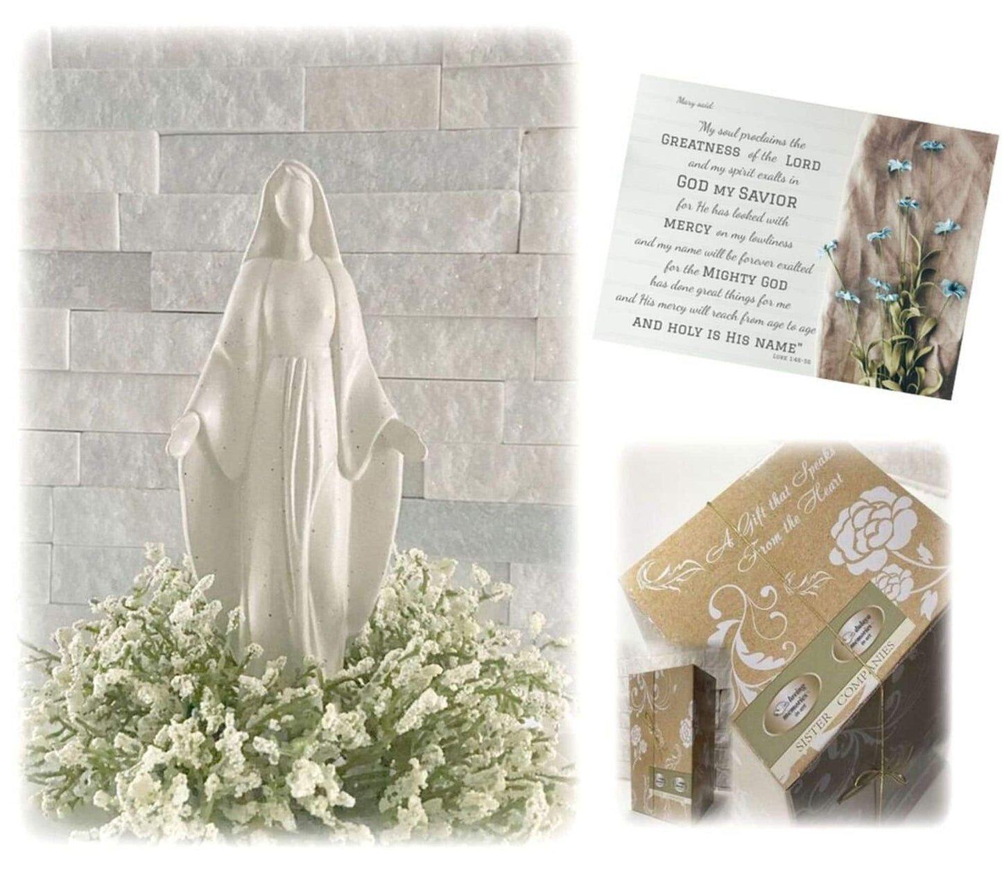 Statue of Virgin Mary with Prayer Card and Refrigerator Magnet