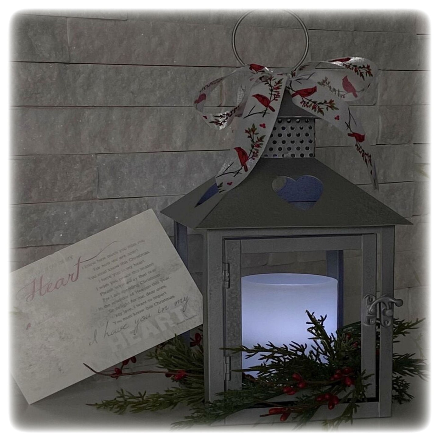 Cardinal Christmas Sympathy Gift Memorial Lantern with Wreath and LED Candle