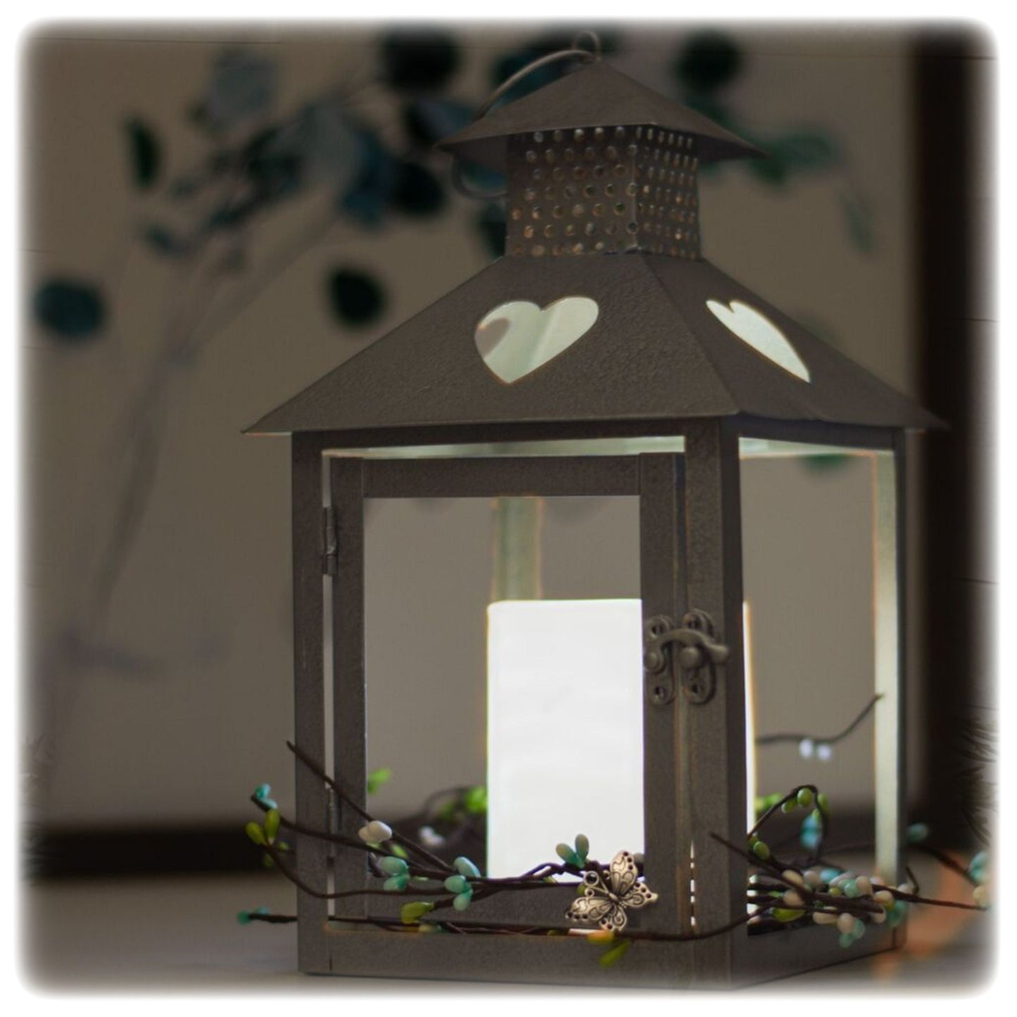 Memorial Lantern Vintage Style Sympathy Gift with Butterfly Wreath and LED Candle